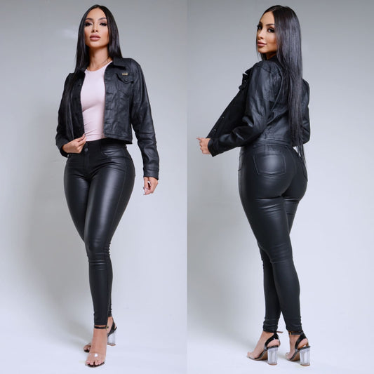 Chaqueta Efecto Cuero - Negro